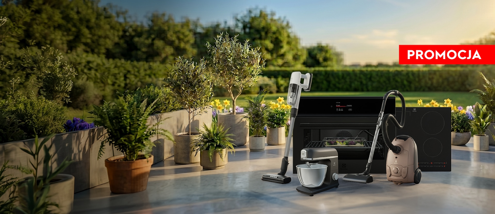AGD od Electrolux na letnim tarasie pełnym kwiatów